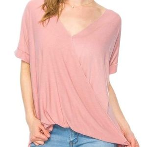 Solid Short Sleeve Surplice Front Rolled Up Sleeve